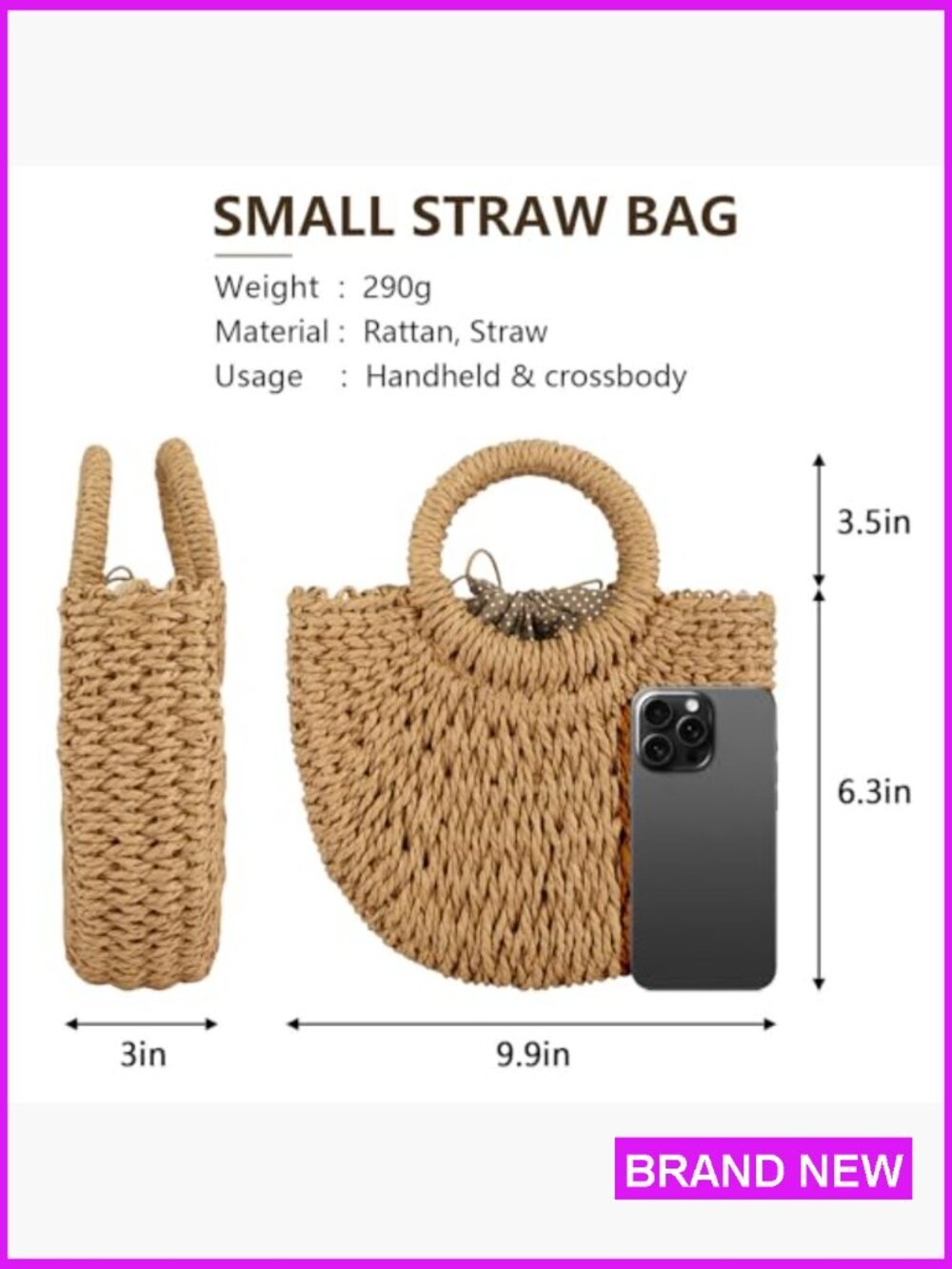 Straw Hobo Bag Handwoven Crossbody Shoulder Purse Eco Friendly Summer Beach - Picture 5 of 7